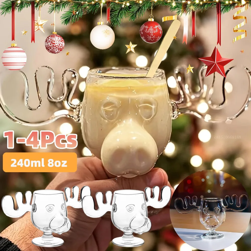 1-4Pcs 240ml 8oz Weihnachten Urlaub Elch Becher Weihnachten Rentier Kopf Kreative Elch Glas Wein Bier wasser Saft Milch Glas