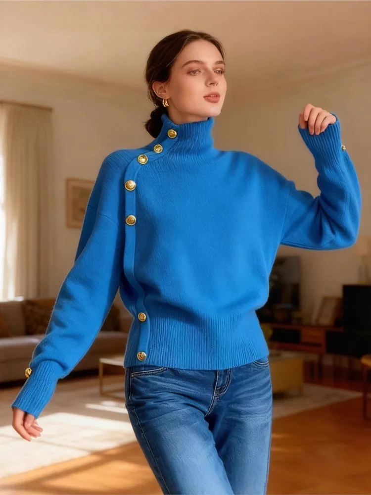 

2025 Winter Clothes Woman Pull Femmes All-match Loose Simple Style Sweater Comfortable High Neck Buttons Knitted Pullover Casual
