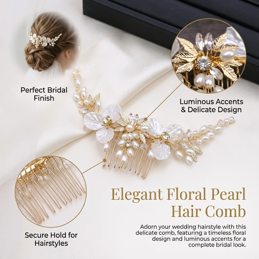 Elegant White Pearls Hair Combs Gold Color Leaves Flower Bridal Headbands Bride Wedding Evening Party Hair Jewelry Accessories view 4