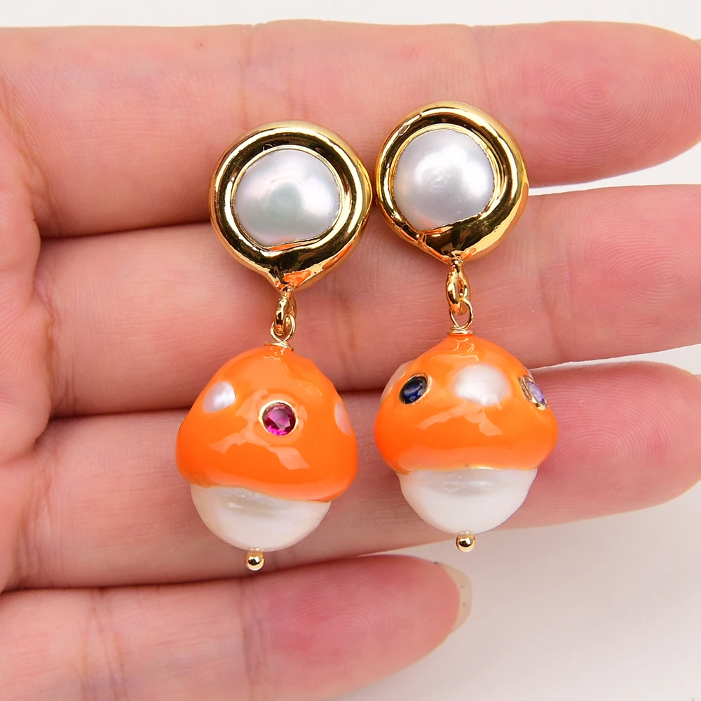 GG Natural White Keshi Pearl Paved Mix Color CZ zircon Orange Enamel craftsmanship Edge Gold Color Stud Dangle Earrings