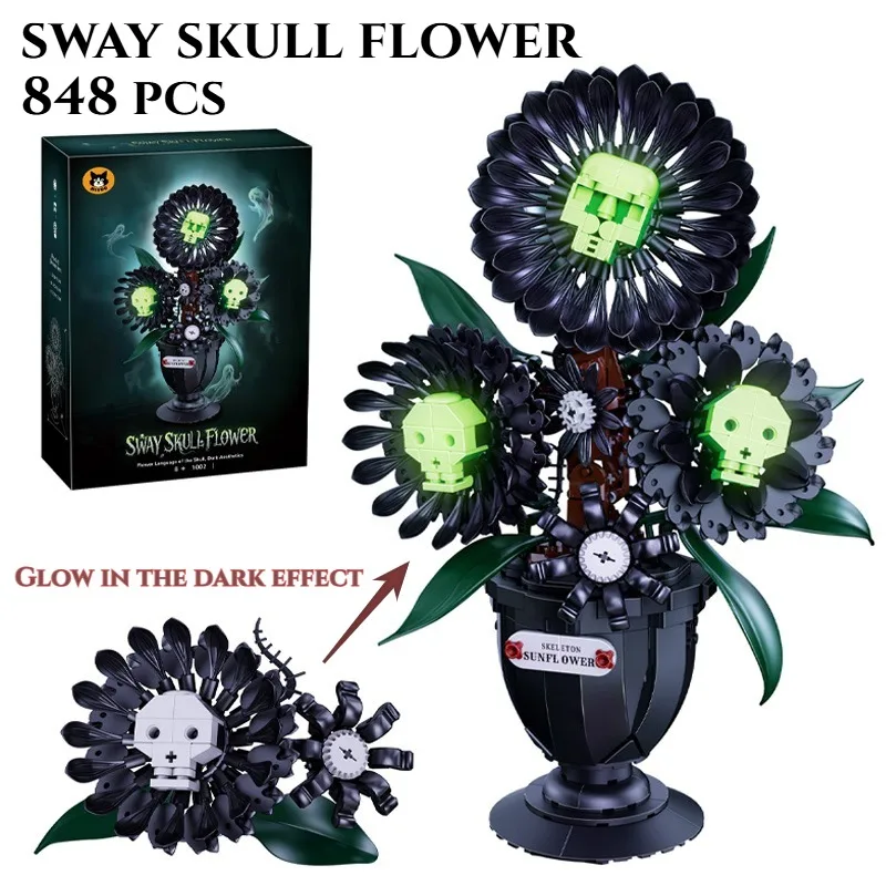

848PCS Gothic Sway Skull Flower Building Block Bouquet,Eternal Plant Potted Glow in the dark Exquisite Decor Toys Halloween Gift