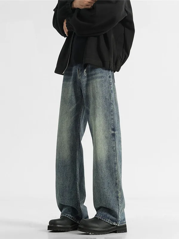 Retro American Folded Denim Jeans Men's Loose Wide Leg Pants Spring Summer Trendy Brand Casual Wear Resistant Straight Tube