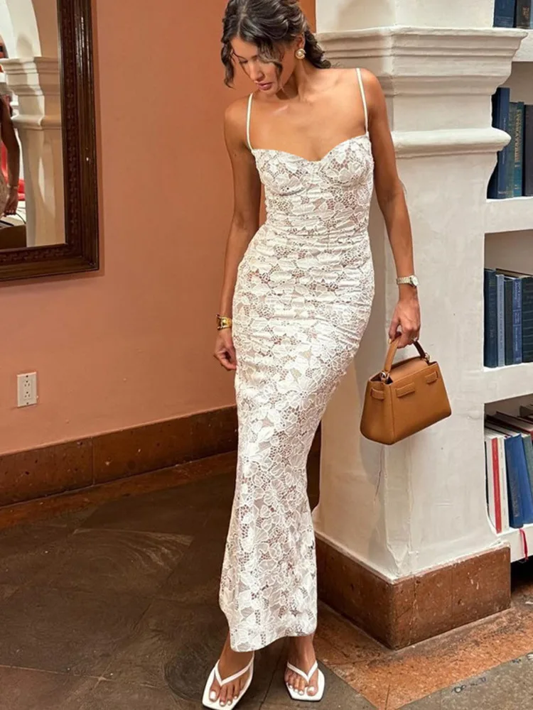 Articat elegante cinta de espaguete bodycon festa clube vestido de noite 2025 verão sexy rendas retalhos sem costas longo vestido de alça fina