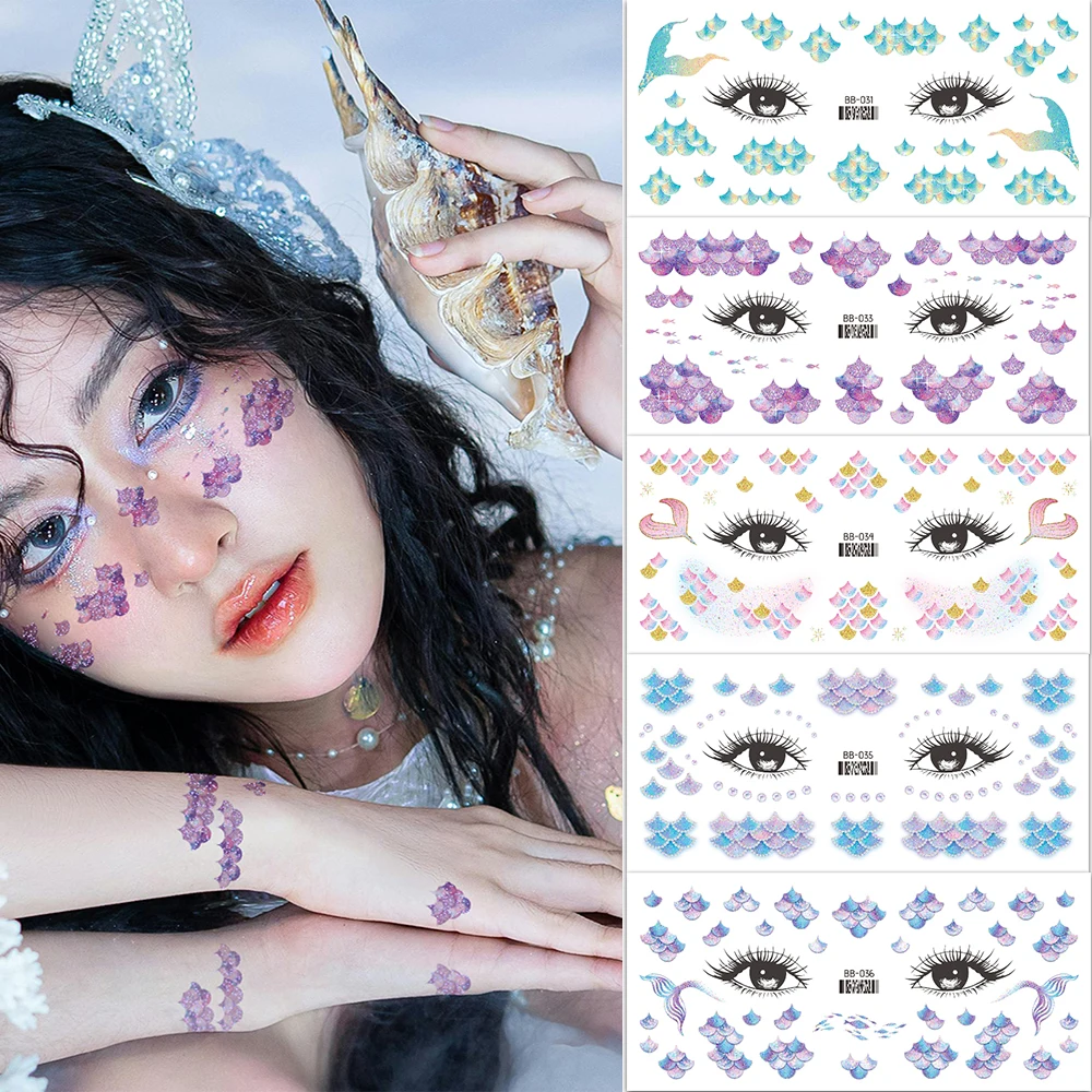 6 Pack Mermaid Scales Glitter Face Temporary Tattoos, Multi-color Fish Scales and Fish Tail Patterns, Waterproof Tattoo