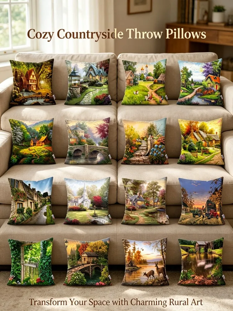 Vintage Oil Painting Countryside House Scenery Cushion Covers, Pastoral Garden River Deer Print Square Pillow Cover for Couch Be