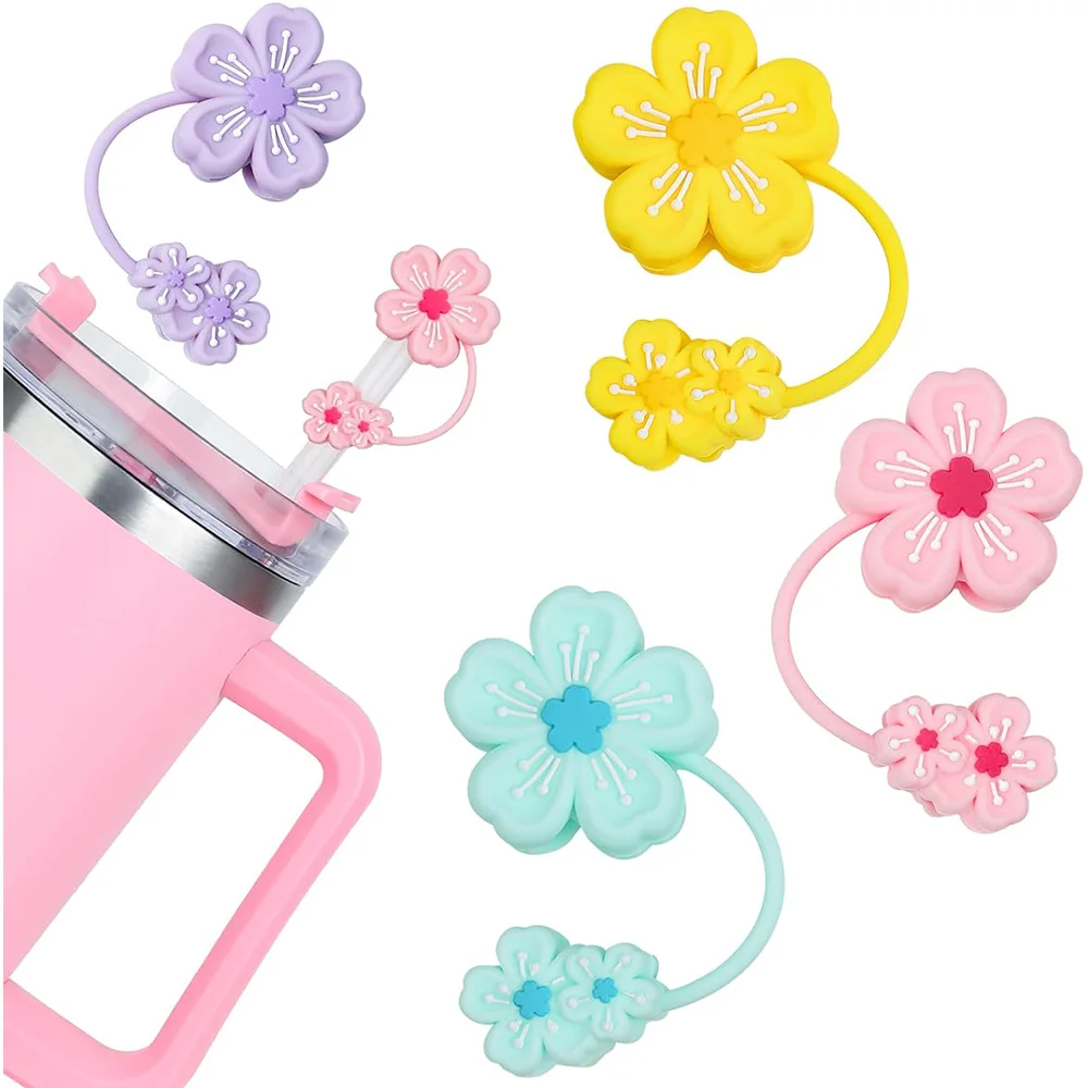 Cute Flower Straw Covers Cap For Stanley Cup 40oz Tumbler Accessories KawaiiSilicone Straw Toppers Protector Cap For 10mm Straws