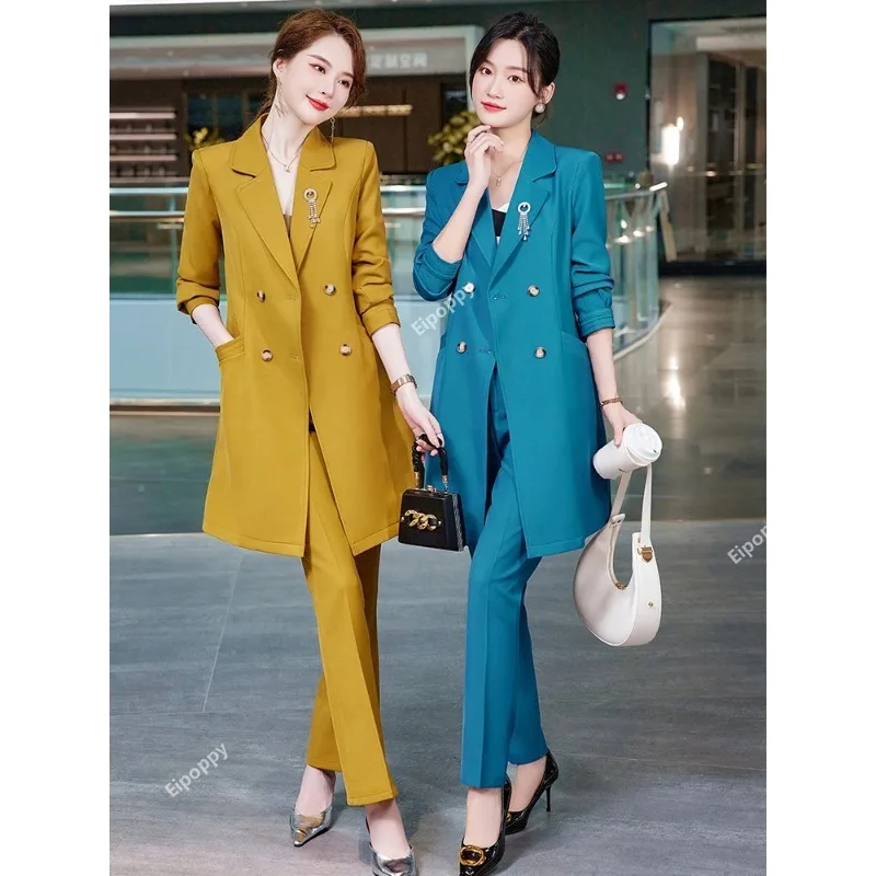 

2024New Women 2 Piece Office Blaze Set Winter Autumn Wear Pant Suit Ladies Long Blazer Jacket + Trouser Formal Professional Sets