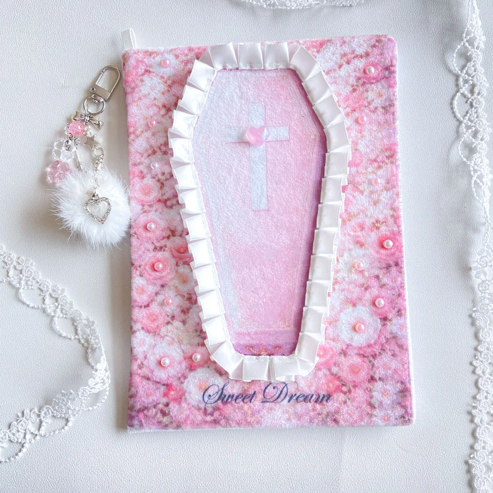 

A5 Aesthetic Coffin Journal Pink Floral Lace Notebook Handmade Fabric Diary with Charm Pendant 96 Pages