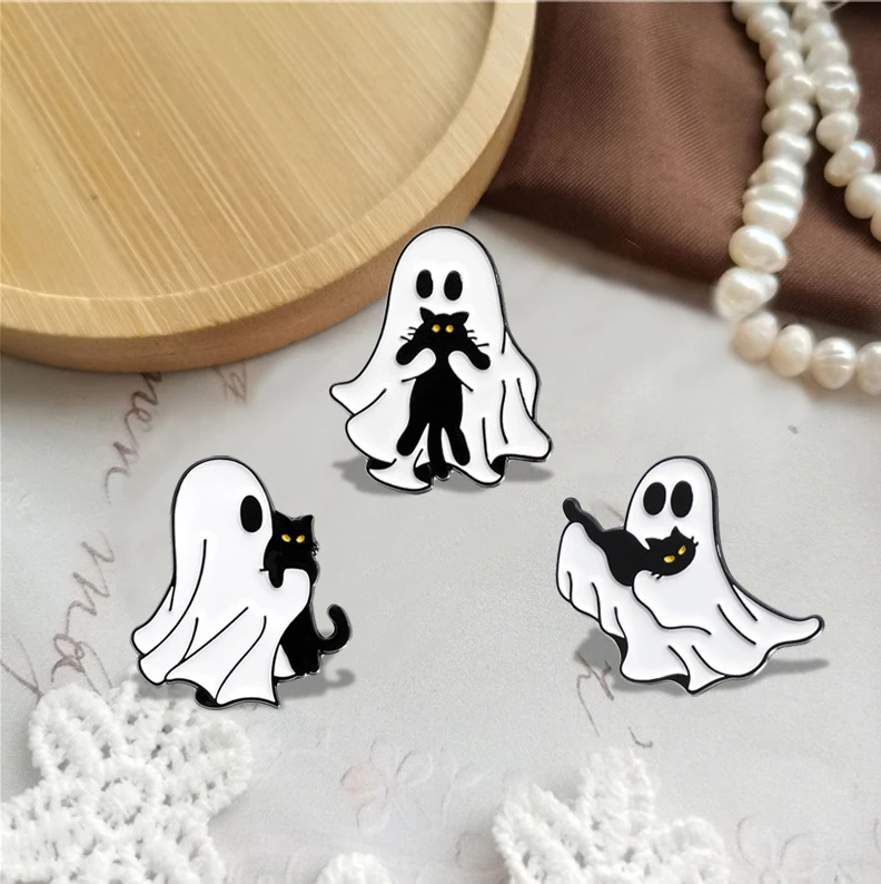 Cartoon Ghost Enamel Pins Custom Cute Black Cat Brooches Lapel Badges Halloween Animal Jewelry Gift for Kids Friends