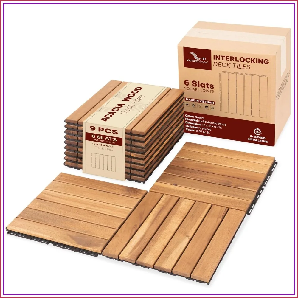 Baldosas de Madera de Acacia Natural de 12x12 Pulgadas, Encajables, Resistentes al Agua, para Interiores y Exteriores, para Patio, Balcón, Jardín, Junto a la Piscina, Antideslizantes, Fáciles de Instalar