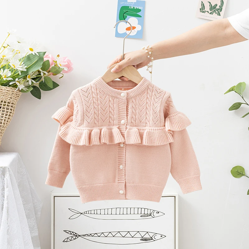 

Infant Girl Winter Cable Knit Cardigan Sweater Solid Color Ruffled Long Sleeve Crew Neck Button Down Jacket Coat