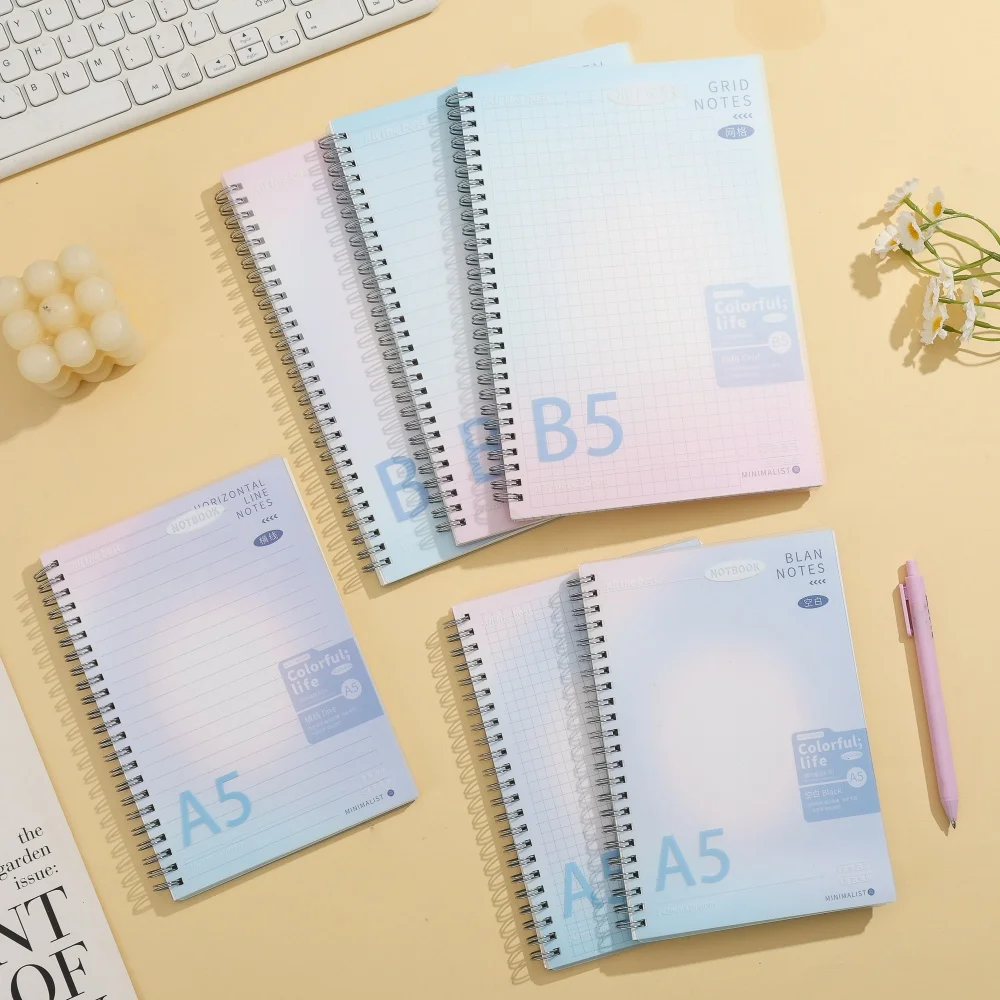 Cuaderno en espiral degradado A5 B5, cubierta de PP Pastel, cuadrícula/forrada/páginas en blanco, papelería estética de papel de 70GSM para diario de oficina escolar
