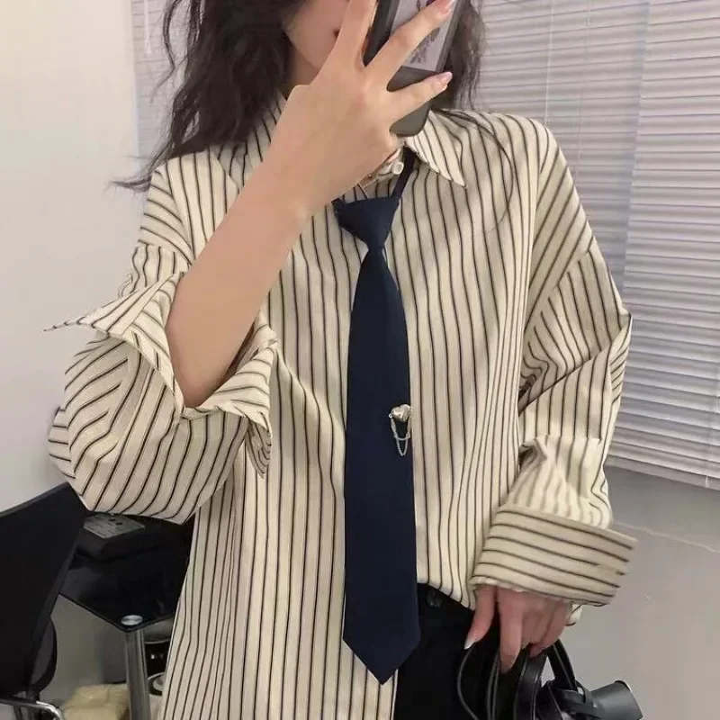

Striped Blue Shirt Japanese Fashion Woman Blouse 2025 Preppy Harajuku Oversized Long Sleeve Top with Ties Korean Fashion