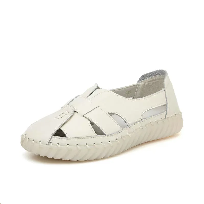 Breite geschlossene Zehensandalen, Gladiatoren, Damen, echtes Leder, Vintage-Stil, Wohnungen, Damen, Sommer, Slip-On-Sandalen, große Größe 43