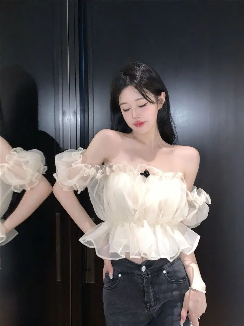 

Sweet Style Mesh Shirt One Shoulder Bubble Sleeve Women's Sexy Short Top Spring Summer Design Sense Knot Loose Fit