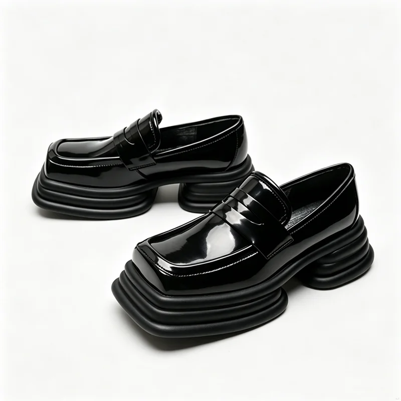Unique Patent Leather Chunky-heel Platform Loafers Women British Style Square Toe Casual Shoes Height-increasing Designer Shoes