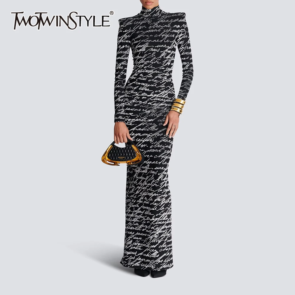 

TWOTWINSTYLE Hit Color Slimming Temperament Dresses For Women Stand Neck Long Sleeve High Waist Minimalist Dress Female Fashion