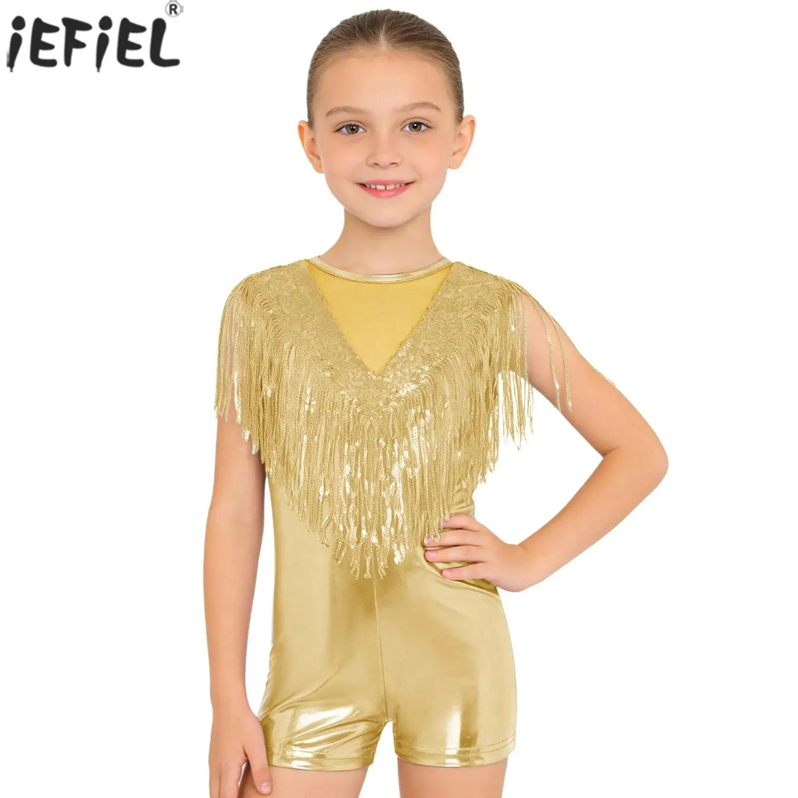 Kids Girls Metallic Shiny Disco Jazz Dance Jumpsuit Sleeveless Mesh Sequin Tassels Romper Rave Party Stage Performance Dancewear