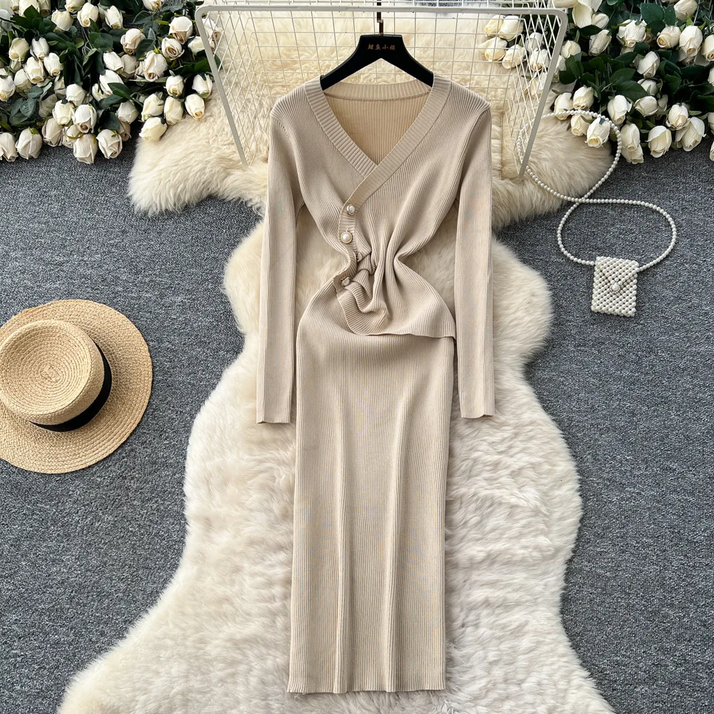 

Women Solid Dresses H Line Knit Dress Ankle Lenth V Neck Long Sleeve Waist Cinch Skinny Slim Casual Elegant 2025 Spring Autumn