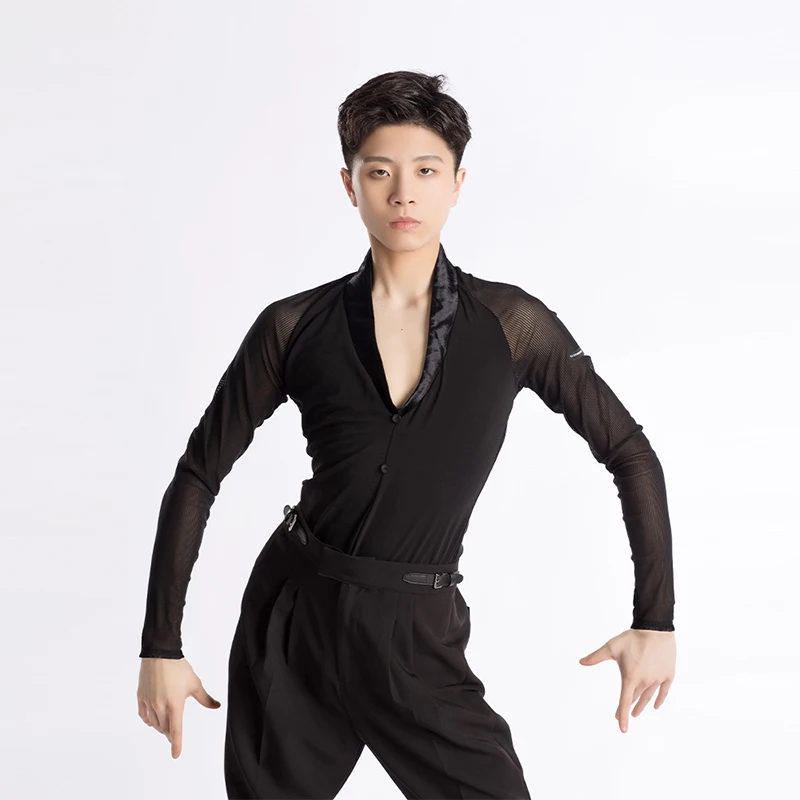 2024 New Men Latin Dance Costume Waltz Tango Training Set Adult Black Mesh Splicing Long Sleeve Tops High Waisted Trousers XH799