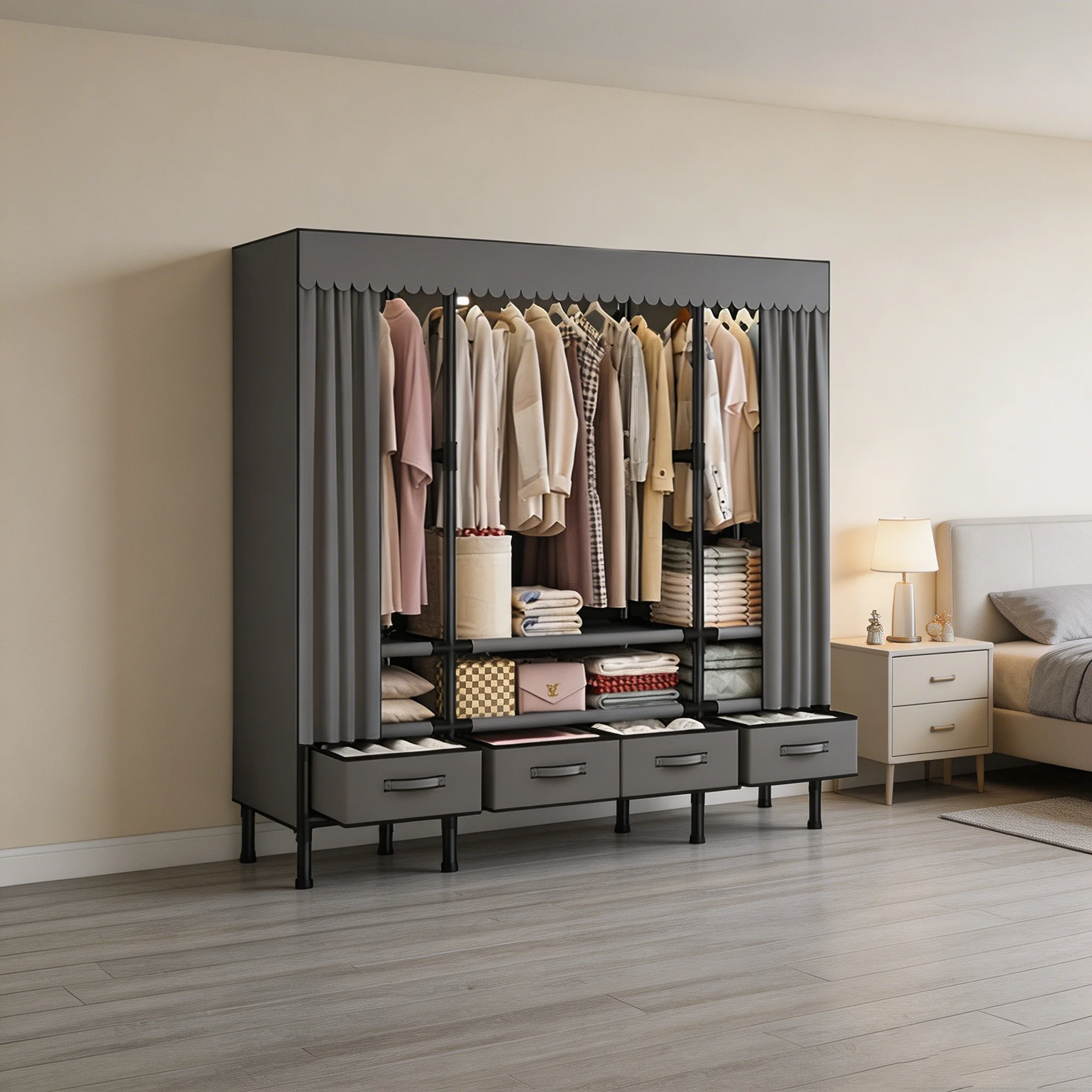 

Portable Wardrobe, 55-inch Sliding Curtain Closet with Hanger Rack. Equipped with 3 Hanging Rods & 4 Storage Drawers, Easy to Assemble. Dimensions: 55.12" x 17.7" x 66.93", grey