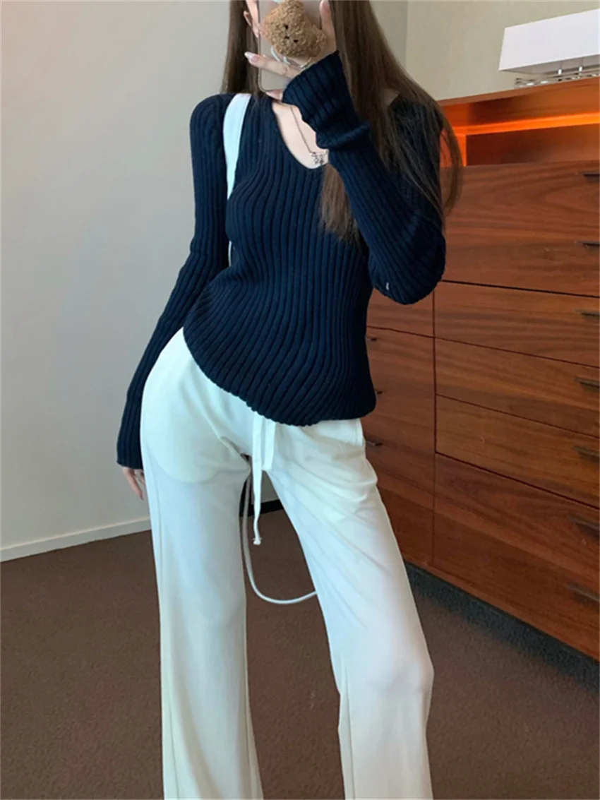 PLAMTEE Elegant Solid Sweaters V-Neck Slim Women Gentle Casual Pullovers Chic 2024 Loose All Match New High Waist Spring Pants