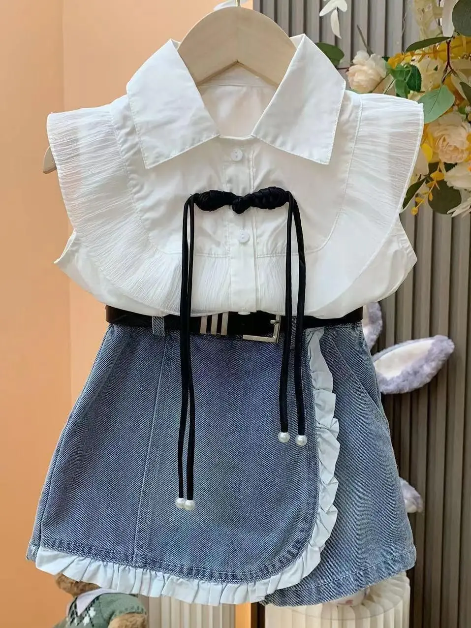 

Girl Princess Style Set 2025 Summer New Baby Girl Flying Sleeve Shirt+Cowboy Lace Skirts 2PCSChildren Clothing Sets