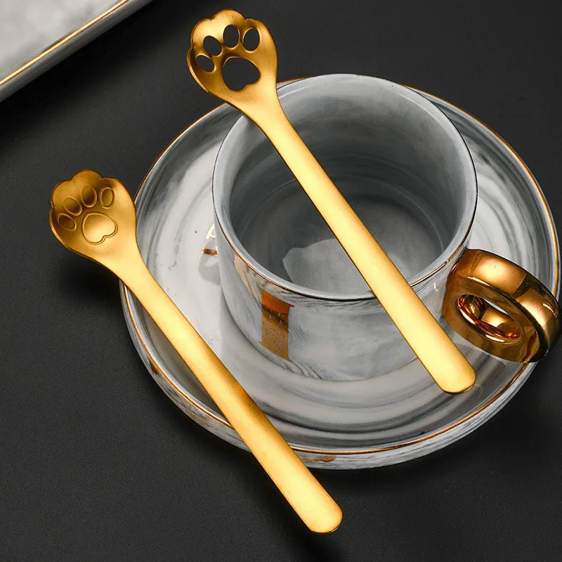 304 Stainless Steel Spoon Creative Cute Cat Claw Peanut Butter Hollow Spoon Long Handle Tableware Coffee Spoons Accessories