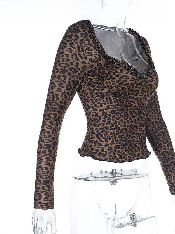 Trendy Women's ort Leopard Print Long Sve Top Hot Girl Faionable Casual Wear Slim Fit Sle Other 00% Material