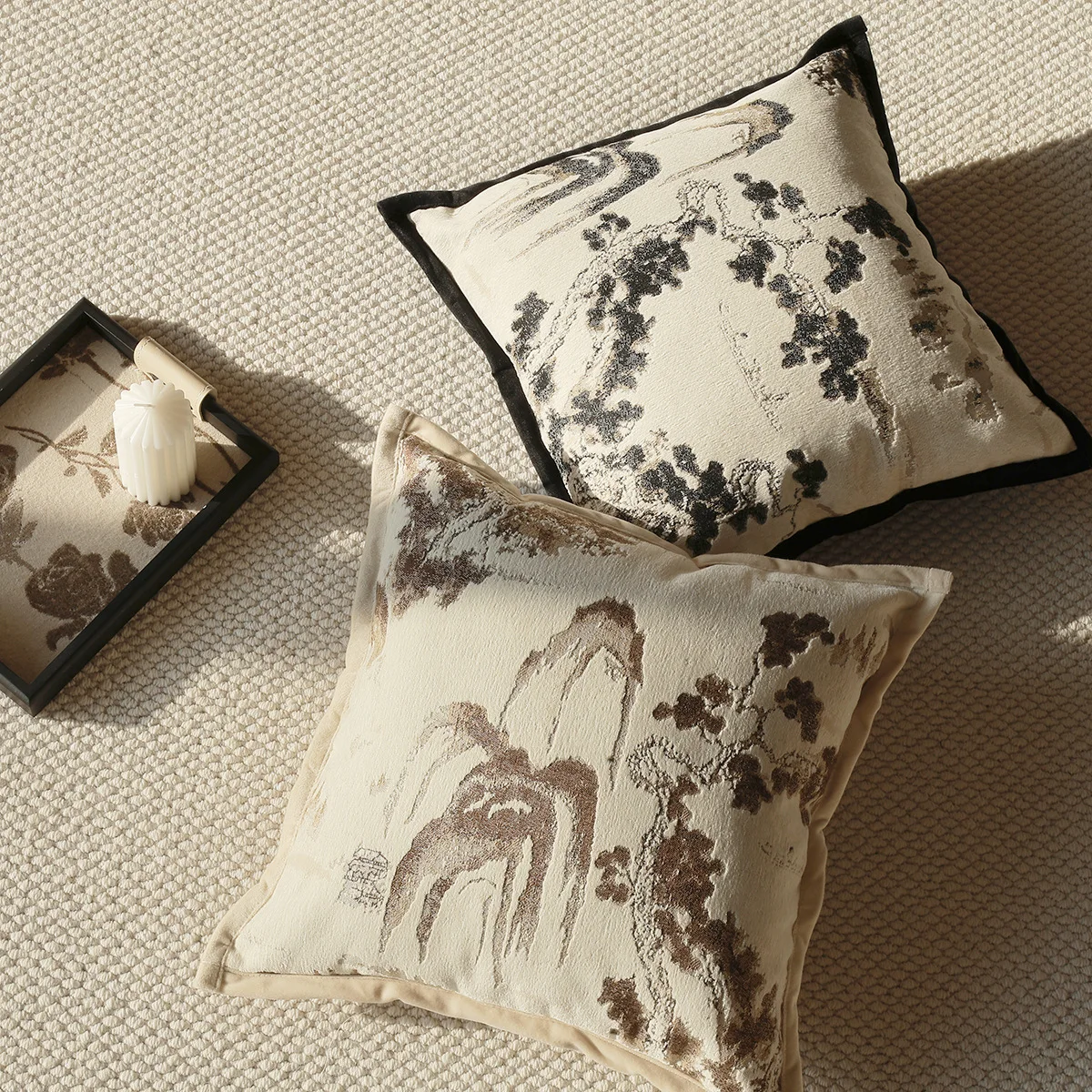 

Chinese Ink Landscape Jacquard Pillow Cover Chenille Luxury Vintage Cushion Cover Black and White Living Room Sofa Decorative