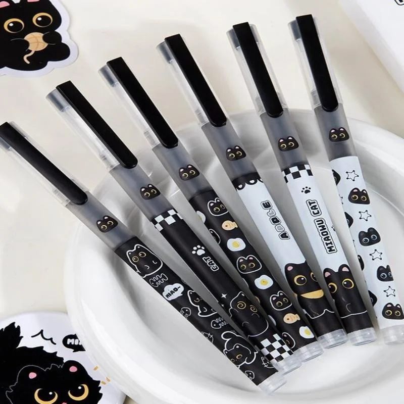 6PCS Black Cat Direct Liquid Rollerball Pen With Mini Needle Smooth Writing Non-Stop Ink Fast Drying And Easy-to-Write Writing