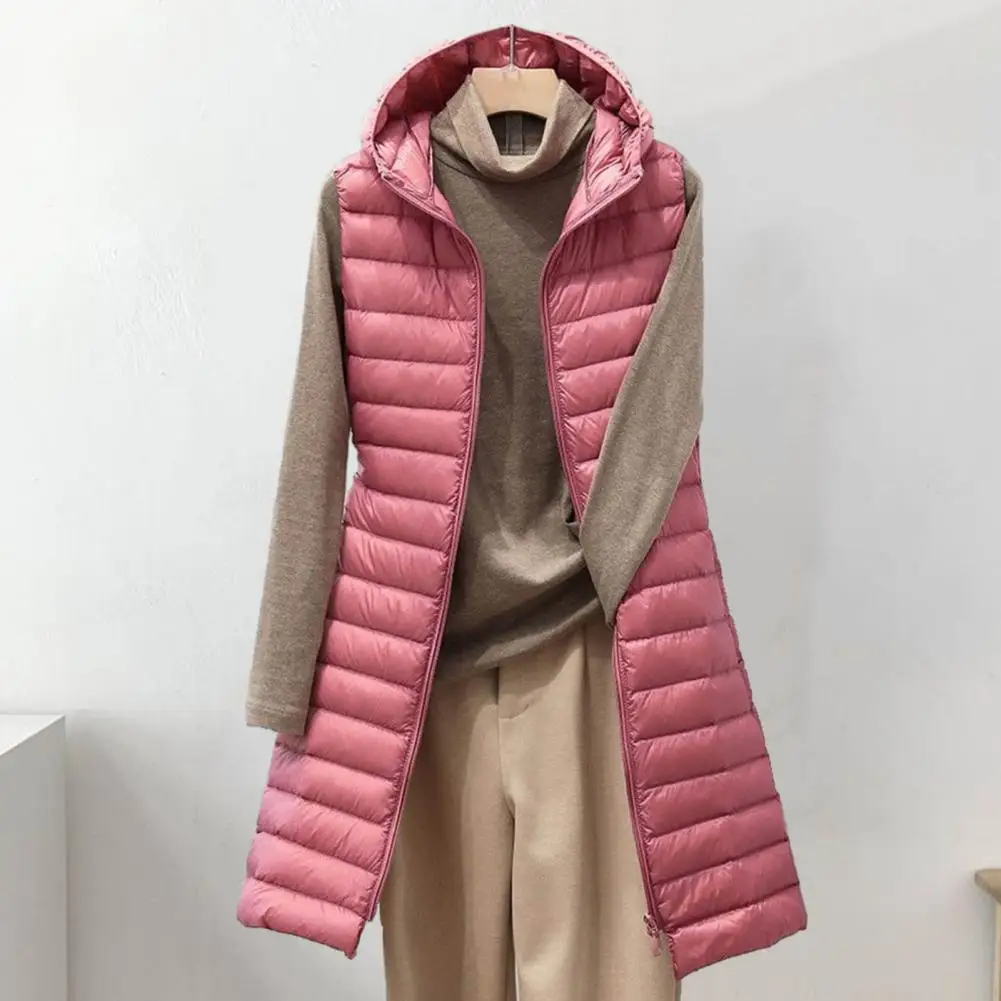 Winter Women Vest Coat Padded Hooded Mid Length Thick Warm Lady Coat Zipper Solid Color Sleeveless Lightweight Female Waistcoat