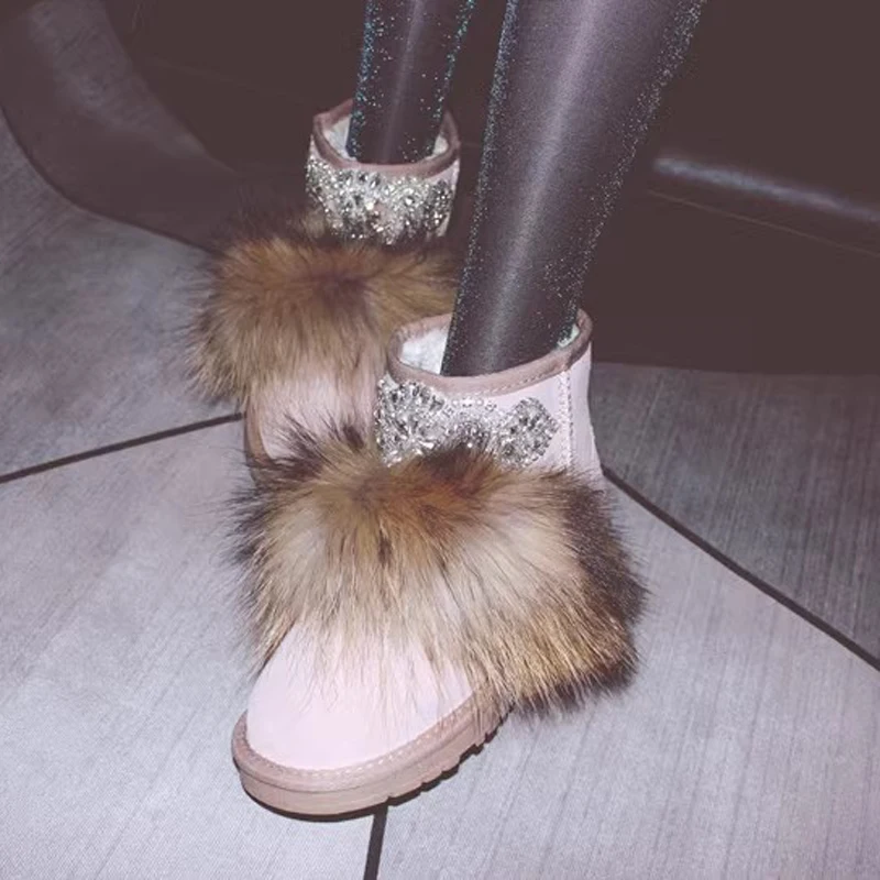 Winter Real Fur Bling Rhinestone Beading Decor Snow Boots Thick Sole Slip On Suede Boots Woman Warm Fur Ankle Booties