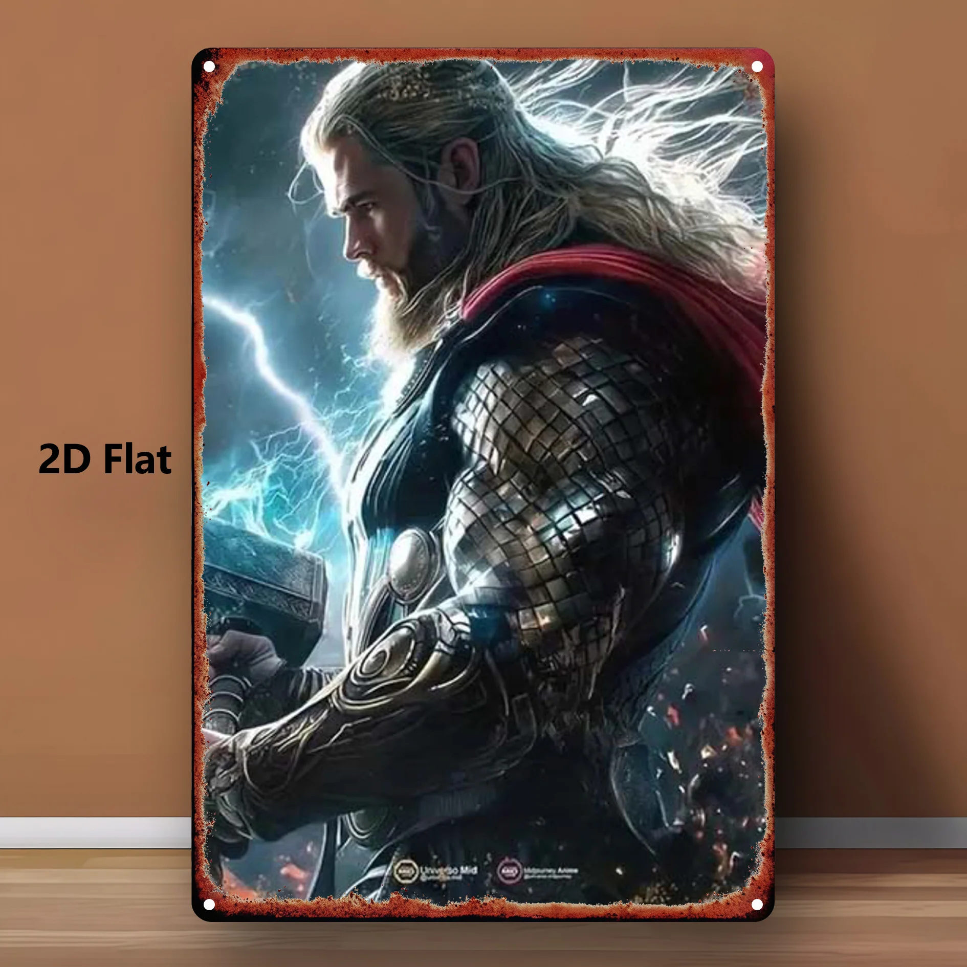 1 pieza MARVEL Thor Mjolnir Hammer Wall Art Decor - Placa de superhéroe de metal de hierro de 20,32x30,48 cm con agujeros preperforados, tormenta vibrante