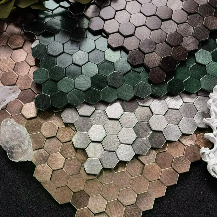 3D Mosaik Metall Aluminium Sechseck Panel Wandaufkleber Selbstklebend Gold Abstrakt Wasserdicht Küche Badezimmer Fliesen Wanddekorationen