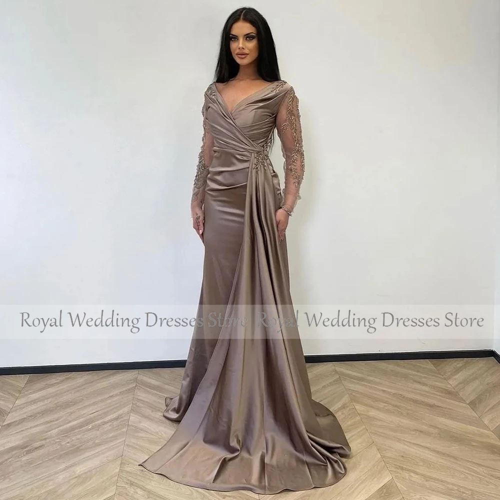 Luxury Evening Dresses for Women Satin V Neck Mermaid  Gowns Long Sleeves Draped Beading Wedding Party Dress Custom Made