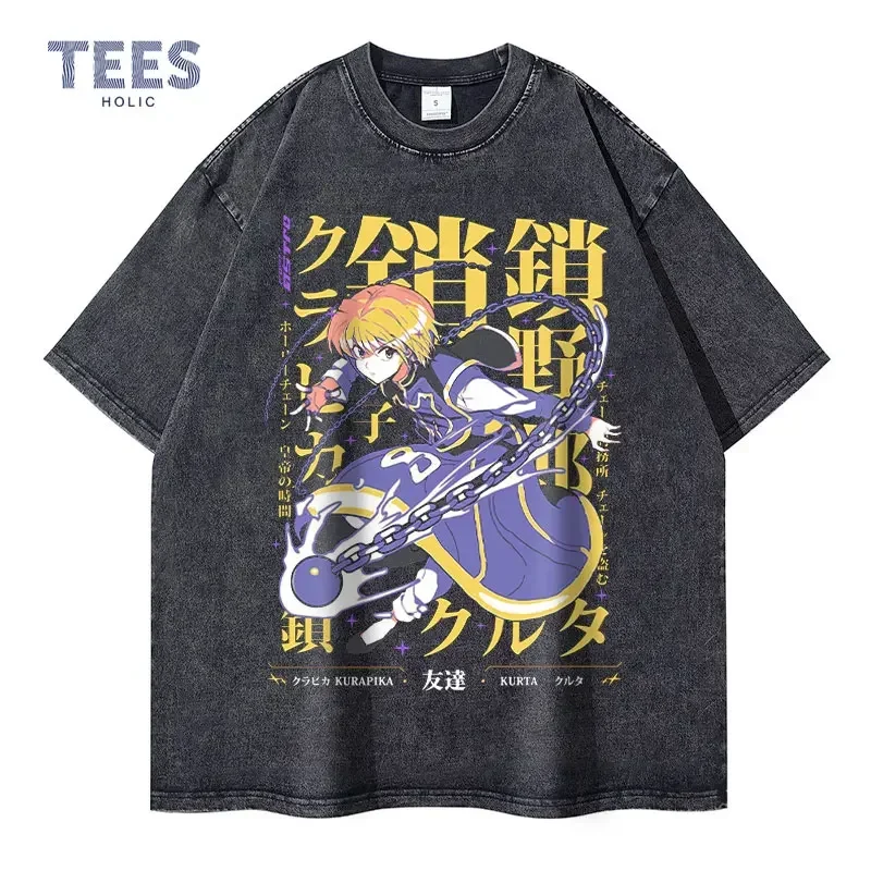 Kurapika T shirts oversized vintage washed anime T-shirt streetwear short sleeve manga killuo Zoldyck Gon Freecss tops tees men