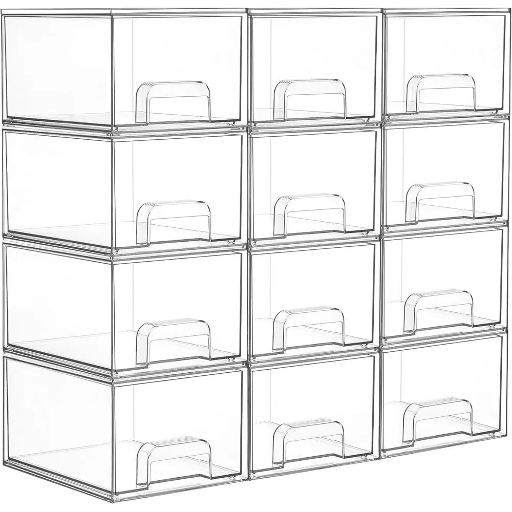 

12 Pack Small Clear Stackable Storage Drawers,Acrylic Bathroom Makeup Organizer,Plastic Storage Bins For Vanity, Undersink, Kitc