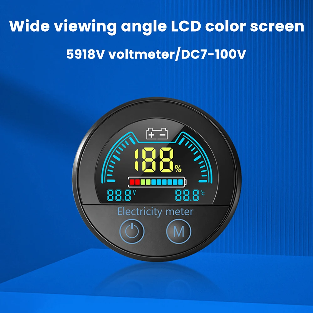 DC 7–100V Round Digital Battery Capacity Indicator Waterproof Voltmeter for Acid, Ternary Lithium Iron Phosphate Battery