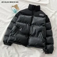 ZURICHOUSE Black PU Leather Parka Women's Warm Thick Winter Coat New Fashion Loose Wild Casual Faux Leather Puffer Jacket