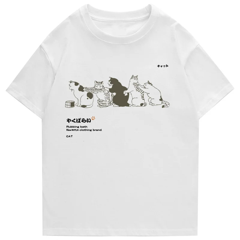 Camiseta de Hip-Hop para hombre, ropa de calle japonesa, Kanji, Harajuku, divertida camiseta de gato, camisetas de manga corta, camisetas de algodón