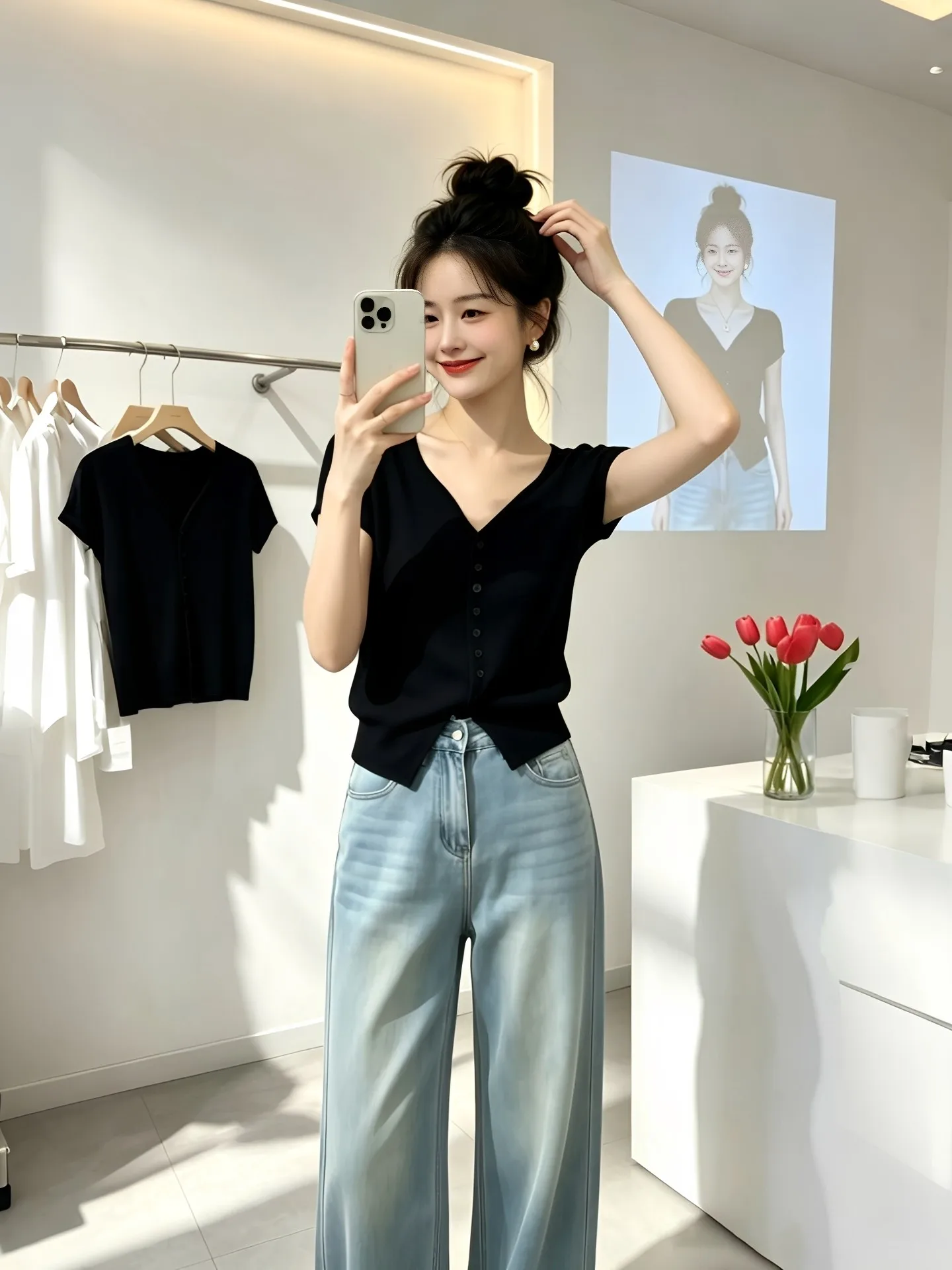 2026 New Style Women's V-Neck Short Sleeve T-Shirt Fashionable Shoulder Line Korean Version Light Maturity Style Commute Wind