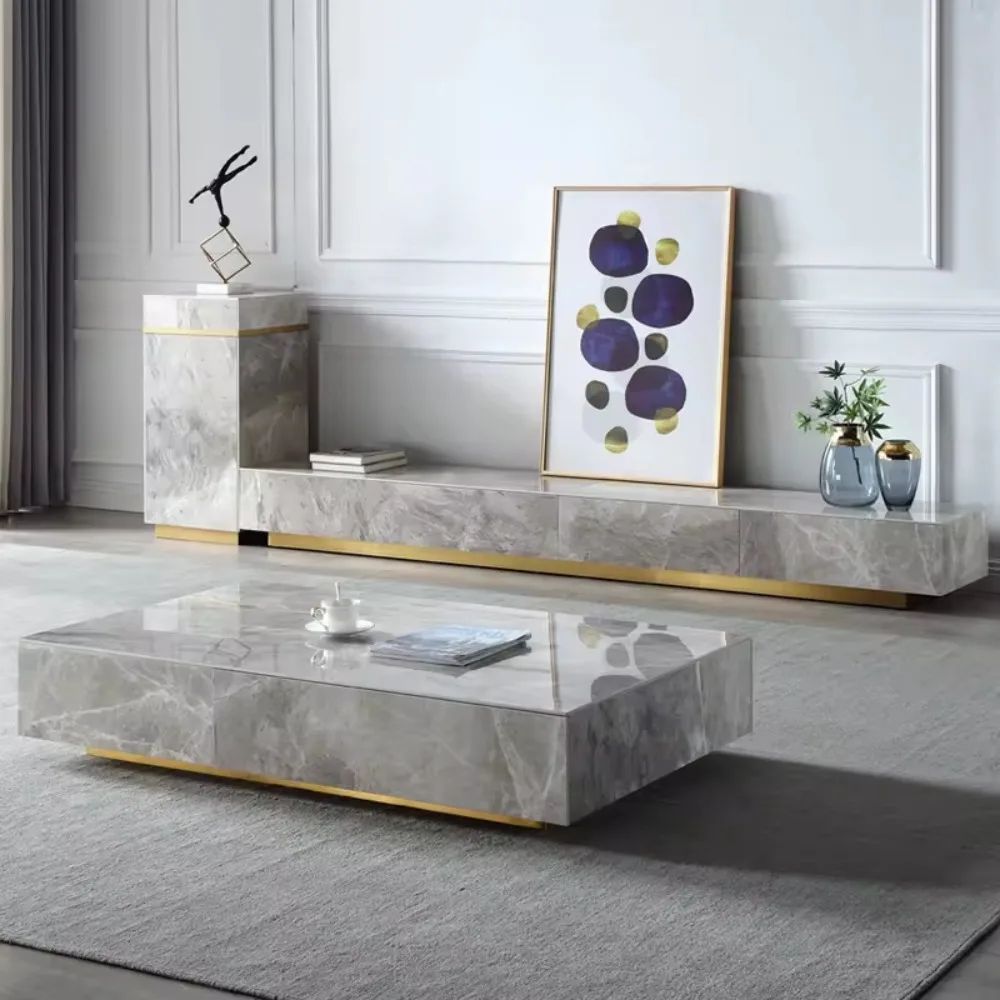 Modern luxury transparent gold or black leg wooden glass marble top TV cabinet and coffee table set furniture