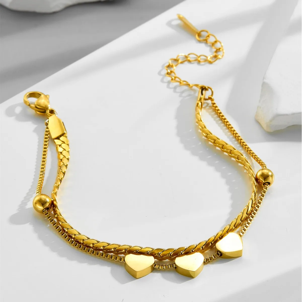 316L Stainless Steel New Fashion Upscale Jewelry 2 Layer Lovers Love Heart Beaded Charm Thick Chain Bracelets Bangles For Women
