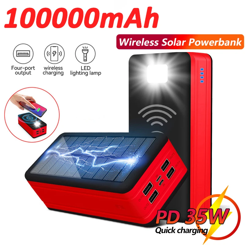 100000mAh Solar Power Bank 4USB Light Fast Charging Mobile Phone Wireless Charging Large Capacity Battery External Battery Hot