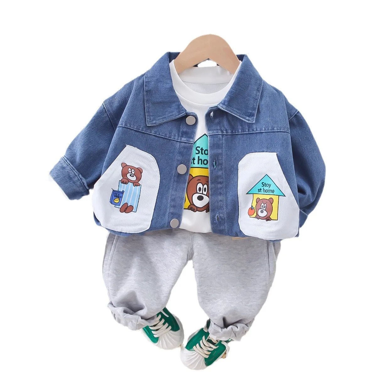 2024 Ins Autumn Kids Boys 3PCS Clothes Set Cotton Cartoon Shirts Denim Patched Coat Loose Pants Suit Toddler Boys Outfits