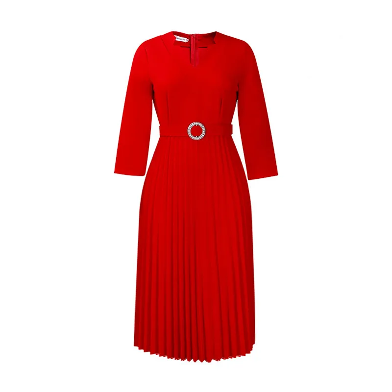 

Red Dress Women's Autumn Clothing Solid Color Fashion V Neck Three Quarter Sleeve Elegant Slim A-Line Dress