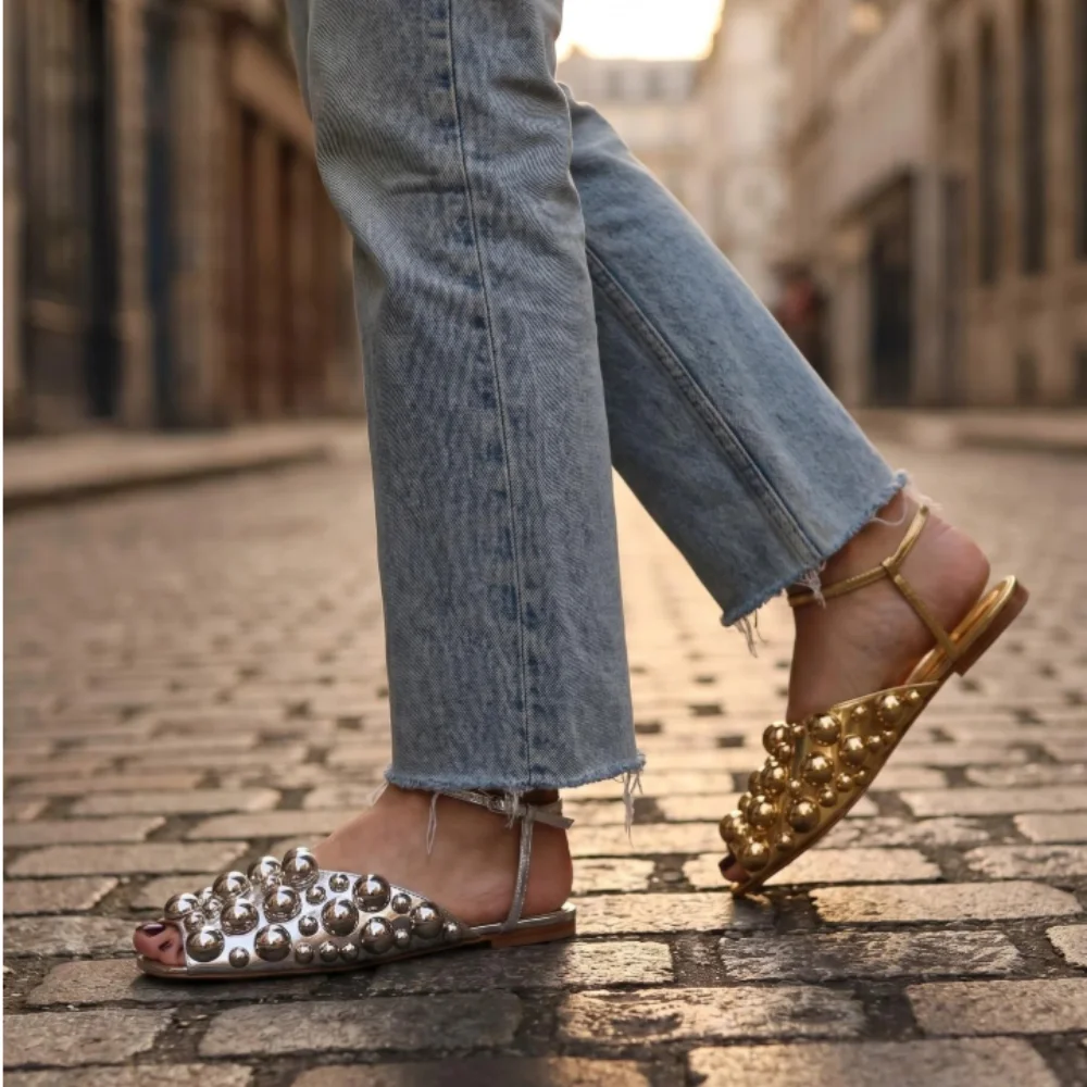 Women's Square Open Toe Flat Ankle Strap Sandals Multi-Size Round Ball Metal Stud  Footwear in Gold and Silver Metallic Shades
