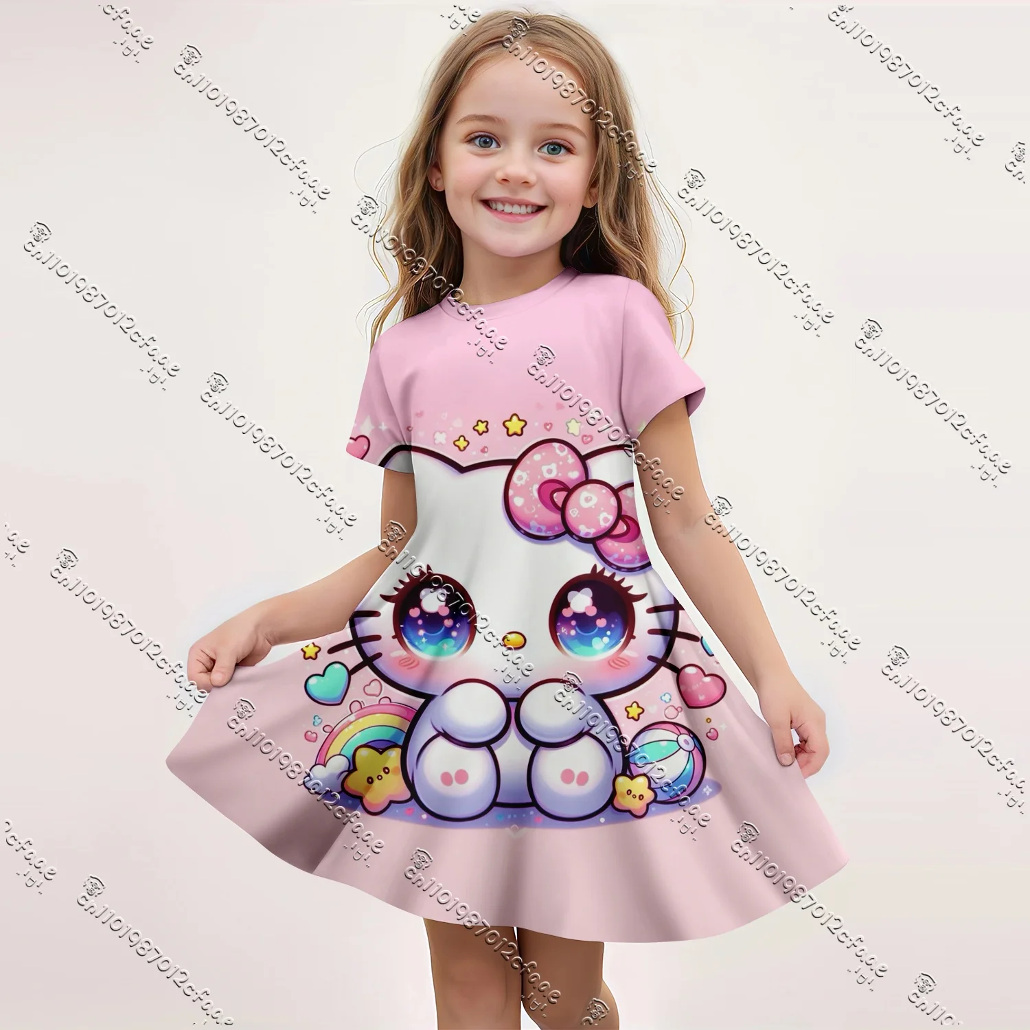 

2025 Miniso, новое летнее детское платье Sanrio Kuromi Hellokitty с короткими рукавами для девочек, модная тканевая одежда с милым узором, повседневная юбка