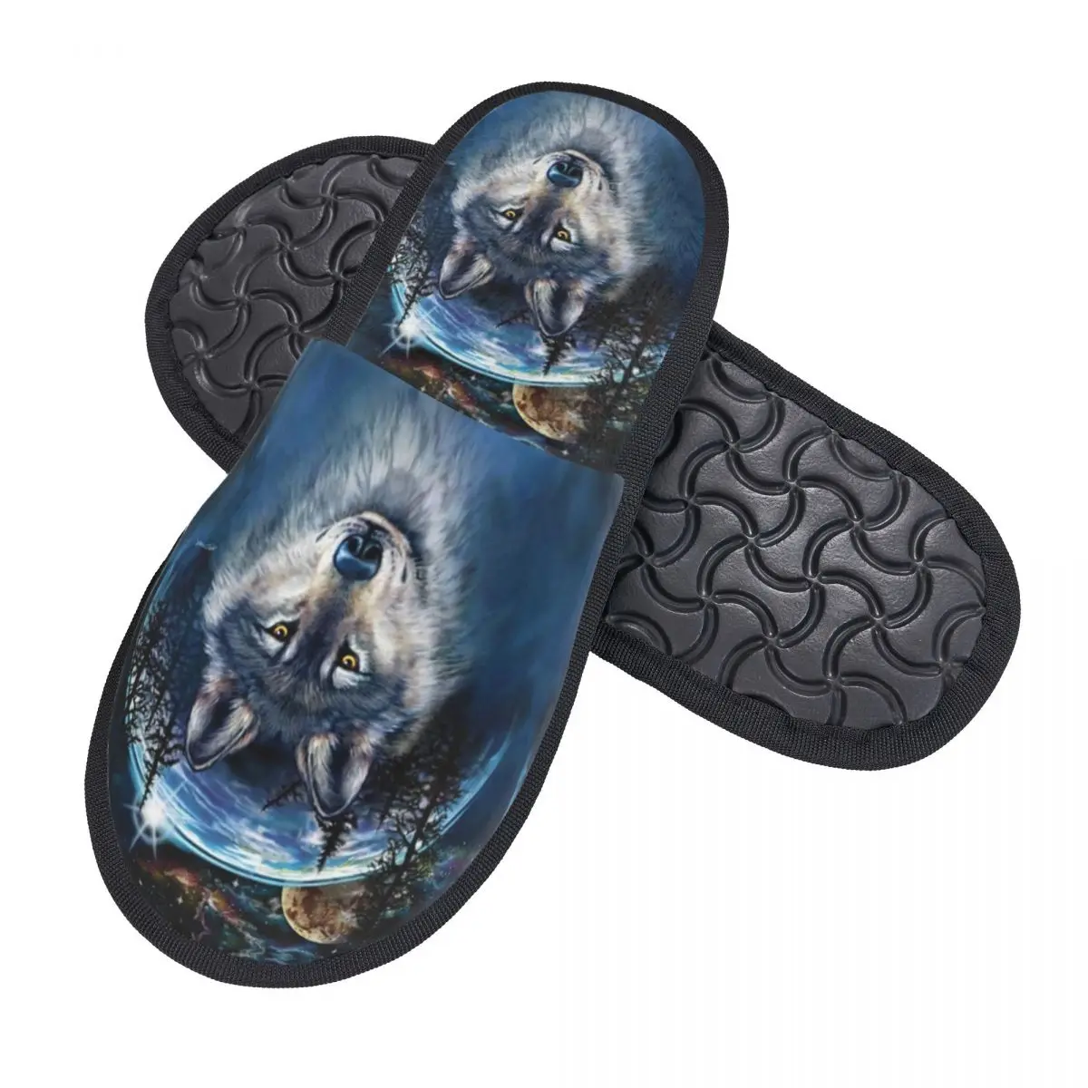 Custom Print Women Wolf House Slippers Soft Warm Animal Memory Foam Fluffy Slipper Indoor Outdoor Shoes